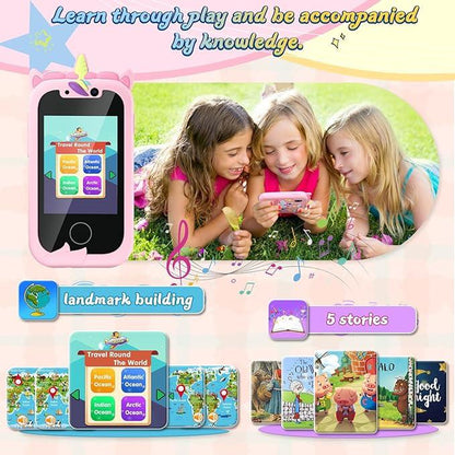 VITCOCO Toy Smartphone, Gifts and Toys for Girls Boys, Fake Play Unicorn Toy Phone with Music Player Dual Camera Puzzle Games Touchscreen, Birthday,Trip Activity