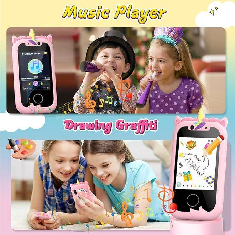 VITCOCO Toy Smartphone, Gifts and Toys for Girls Boys, Fake Play Unicorn Toy Phone with Music Player Dual Camera Puzzle Games Touchscreen, Birthday,Trip Activity