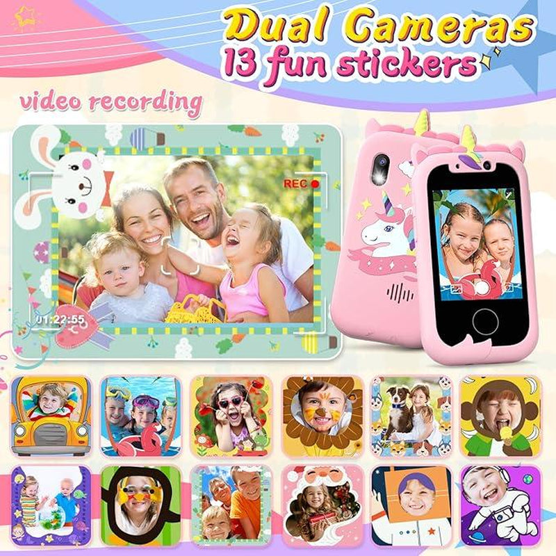 VITCOCO Toy Smartphone, Gifts and Toys for Girls Boys, Fake Play Unicorn Toy Phone with Music Player Dual Camera Puzzle Games Touchscreen, Birthday,Trip Activity